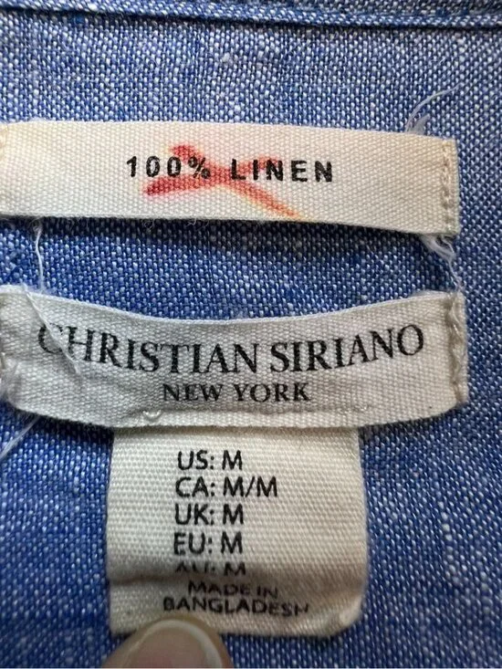 Christian Siriano Womens Button-Up Linen Shirt Medium Blue Chambray Casual Top - Picture 2 of 10